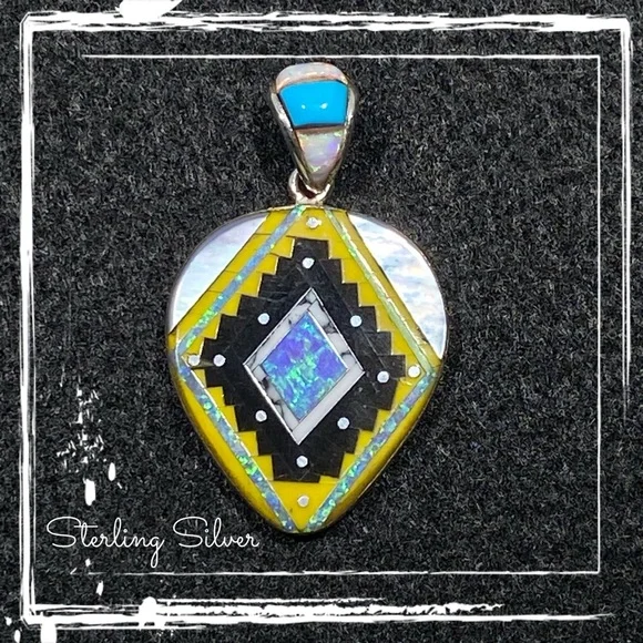 Signed SM Sterling Silver Inlaid Multi Gemstone Native American Navajo Pendant - Picture 3 of 9
